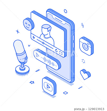 Social media content video podcast blog vlog smartphone application minimalist isometric vector 129013913