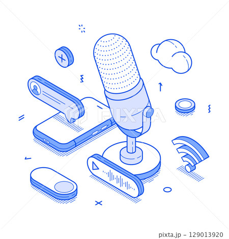 Podcast content creating audio radio internet interview minimalist isometric vector illustration Podcast content creating audio radio internet interview minimalist isometric vector illustration 129013920