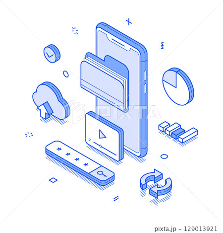Cloud storage digital media file smartphone application minimalist isometric vector illustration 129013921