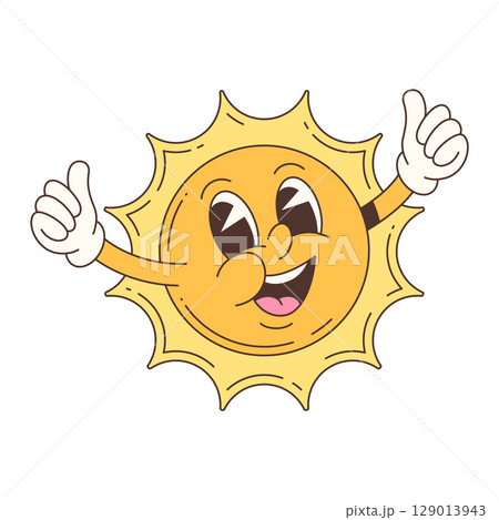 Cheerful Cartoon Sun Mascot Character Giving Thumbs Up With Big Smile In Vector Illustration Style 129013943