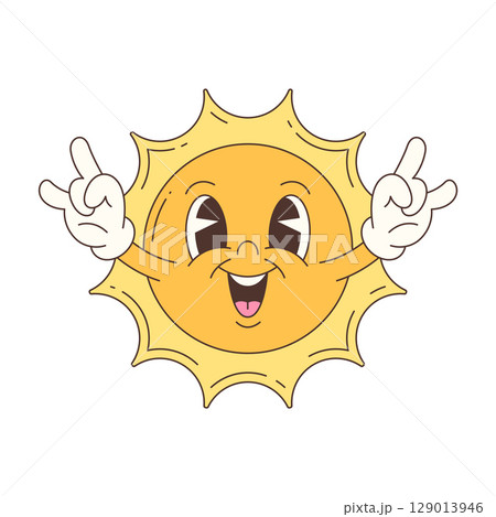 Happy Cartoon Sun Mascot Character Making Rock Gesture With Hands In Fun Summer Vector Illustration 129013946
