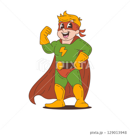 Superhero Mascot Character In Green Costume With Cape And Mask Smiling In Confident Cartoon Pose 129013948