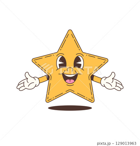 Happy Smiling Star Character Mascot with Open Arms in Retro Cartoon Vector Illustration Art Happy Smiling Star Character Mascot with Open Arms in Retro Cartoon Vector Illustration Art 129013963