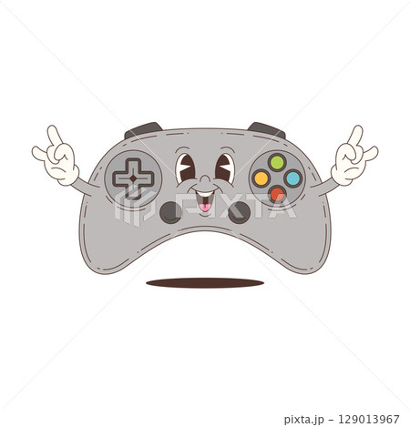 Funny Cartoon Mascot Game Controller with Smiling Face and Gesture in Flat Retro Style Vector 129013967