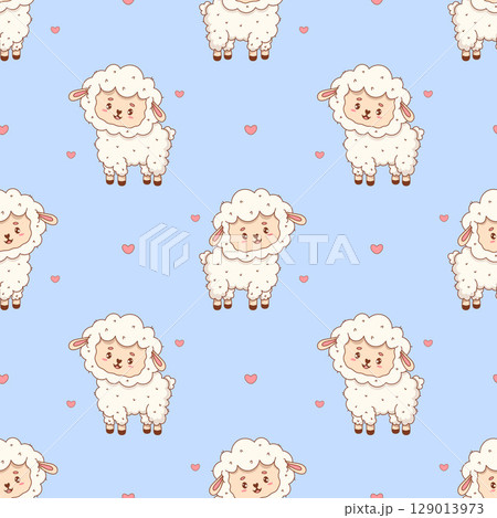 Seamless pattern with Cute Sheep on blue background with hearts. Happy Cartoon Funny kawaii Farm Animal character. Vector illustration. Kids collection Seamless pattern with Cute Sheep on blue background with hearts. Happy Cartoon Funny kawaii Farm Animal character. Vector illustration. Kids collection 129013973