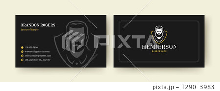 Black Modern Barber Business Card Template with Professional Logo Design and Essential Contact Information Black Modern Barber Business Card Template with Professional Logo Design and Essential Contact Information 129013983