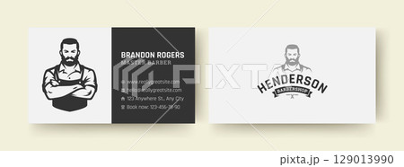 Vintage Style Barber Business Card Layout Featuring Classic Male Logo and Bold Typography Design 129013990