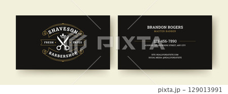 Elegant Barber Shop Business Card Design with Scissors and Crown Elegant Barber Shop Business Card Design with Scissors and Crown 129013991