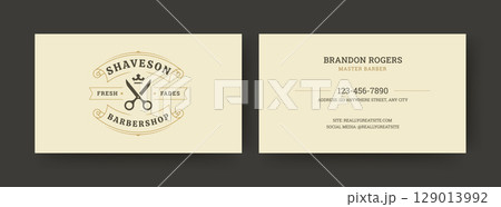 Classic Elegant Barber Business Card Layout with Vintage Scissors Logo and Clean Contact Design Classic Elegant Barber Business Card Layout with Vintage Scissors Logo and Clean Contact Design 129013992