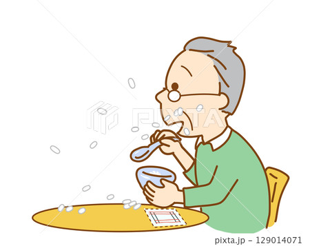 身体機能低下で食べこぼしをする高齢者 129014071