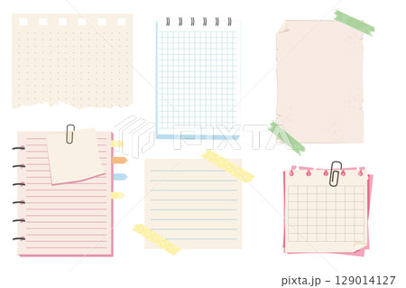 Different note papers, memo pages with paper clip and adhesive tape. Set sticky remind blanks, sheets, stickers. Checklist ripped torn edge paper. Different note papers, memo pages with paper clip and adhesive tape. Set sticky remind blanks, sheets, stickers. Checklist ripped torn edge paper. 129014127