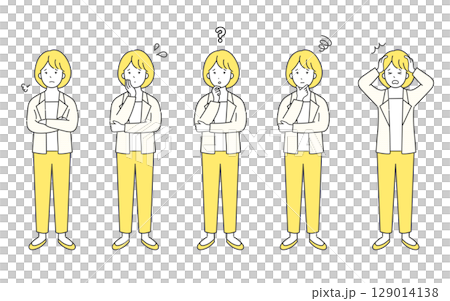 A simple image of a worried business person's whole body. Negative illustration material set. Confused, anxious, stressed facial expressions. A simple image of a worried business person's whole body. Negative illustration material set. Confused, anxious, stressed facial expressions. 129014138