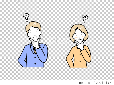 A man and a woman thinking with their hands on their chins A man and a woman thinking with their hands on their chins 129014157
