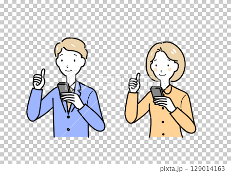 スマホを片手にグッドサインの男女 129014163