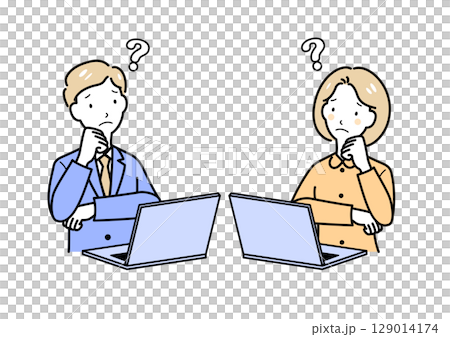 A man and a woman facing each other and worrying in front of a computer A man and a woman facing each other and worrying in front of a computer 129014174