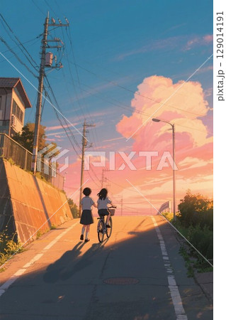 イラスト素材：夕暮れの坂道 129014191