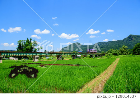 秋田内陸線　鉄橋を通過する列車と田んぼアート　秋田県 129014337