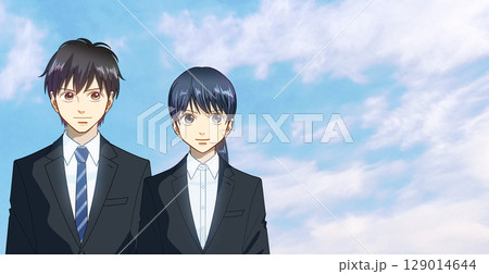 広がる青空、学生または社会人の男女のアニメ風イラスト、右に余白 129014644