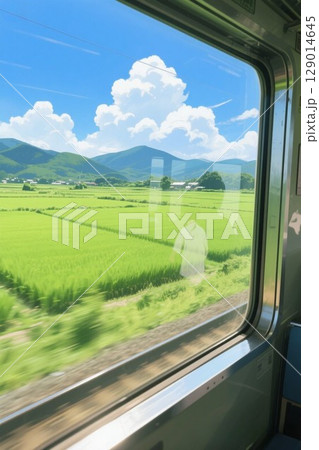 イラスト素材：電車の車窓から見える夏の田園風景 129014645