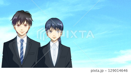広がる青空、学生または社会人の男女のアニメ風イラスト、右に余白 広がる青空、学生または社会人の男女のアニメ風イラスト、右に余白 129014646