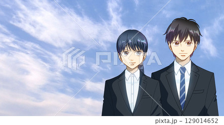 広がる青空、学生または社会人の男女のアニメ風イラスト、左に余白 広がる青空、学生または社会人の男女のアニメ風イラスト、左に余白 129014652