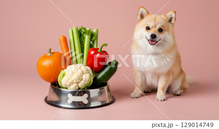 Pomeranian dog next to bowl of fresh vegetables. Healthy pet food, organic nutrition, and pet wellness. 129014749