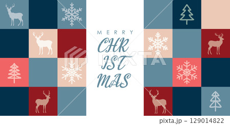 christmas greeting card with trees and snowflakes vector illustration 129014822