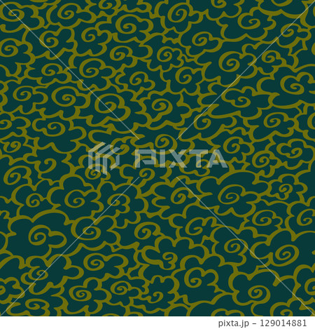 Seamless vector pattern with golden auspicious Asian clouds on dark green, ideal for fabric or book endpapers Seamless vector pattern with golden auspicious Asian clouds on dark green, ideal for fabric or book endpapers 129014881