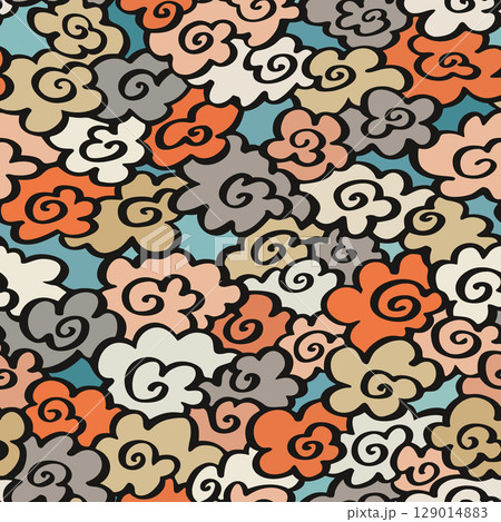 Hand drawn seamless Asian clouds pattern in soft Japanese ukiyoe colors for fabric or wallpaper 129014883