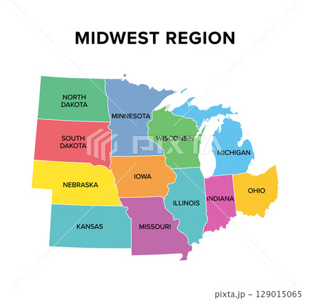Midwest region of the United States, multi colored map. Also known as Midwestern United States, the Heartland or the American Midwest. Geographic region of the USA, consisting of 12 contiguous states. 129015065