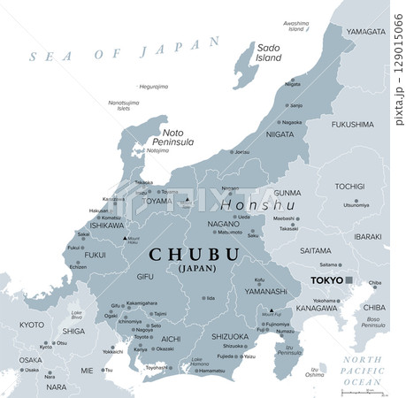 Chubu, region of Japan, gray political map. Also the Central Region or Central Japan, a region in the middle of main island Honshu, encompassing nine prefectures. Map with capitals and largest cities. 129015066
