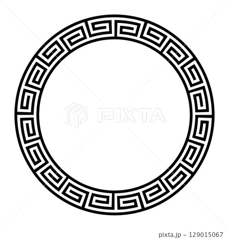 Greek key pattern, circular border. Decorative circle frame with meander pattern, a repeated motif, consisting of rectangular spirals. Geometric and symmetric band within two circles. Black and white. 129015067