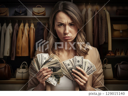 衣類やバックの前で　お金を持ち悩む女性 129015140