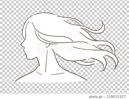 美しい長い髪が風になびいている女性の横顔 129015327