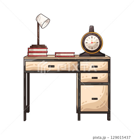 illustration of study desk with books, lamp and clock 129015437