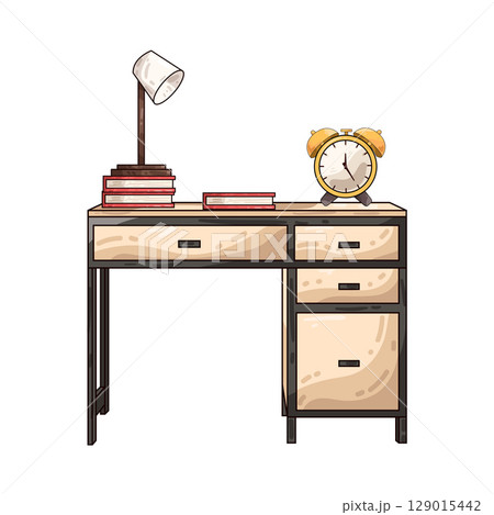 illustration of study desk with books, lamp and clock 129015442