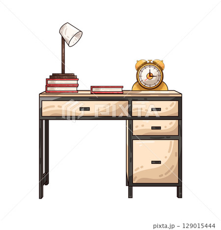 illustration of study desk with books, lamp and clock illustration of study desk with books, lamp and clock 129015444