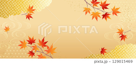 和風の紅葉背景　金雲と伝統文様入りの秋デザイン 129015469