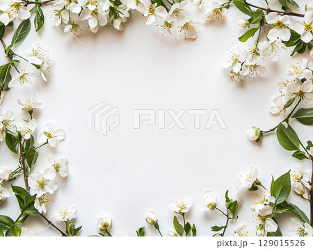 White Blossom Frame on Minimalist Background for Elegant Spring Designs White Blossom Frame on Minimalist Background for Elegant Spring Designs 129015526