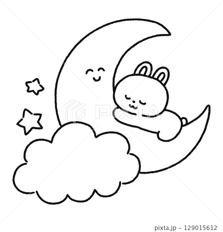 月で眠る可愛いウサギ　線画 129015612