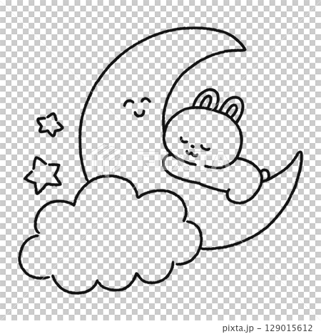 月で眠る可愛いウサギ　線画 129015612