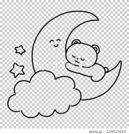 可愛的熊睡在月亮上的線條畫 可愛的熊睡在月亮上的線條畫 129015614