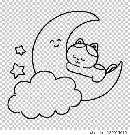 可愛的貓睡在月亮上的線條畫 可愛的貓睡在月亮上的線條畫 129015616