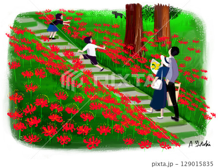 お彼岸に家族で墓参りにいっている情景 お彼岸に家族で墓参りにいっている情景 129015835