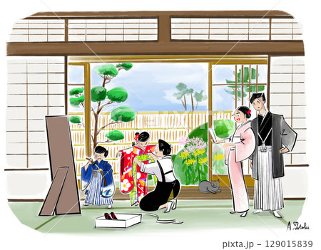 七五三におばあちゃんに着付けをしてもらっているイラスト 129015839