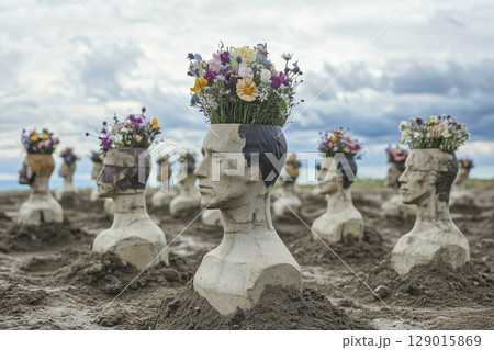 Artistic Composition of Chess Pieces with Flower Crowns in Open Field 129015869