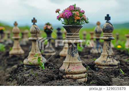 Artistic Composition of Chess Pieces with Flower Crowns in Open Field Artistic Composition of Chess Pieces with Flower Crowns in Open Field 129015870