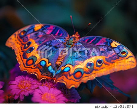 A vibrant AI-generated close-up of a colorful butterfly with intricate patterns on its wings, perched on a bright flower. The vivid colors and details create a striking and beautiful scene. 129015871