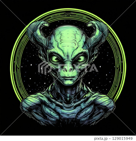 an AI Image Generator, Futuristic Alien Figure with Cosmic Background Elements 129015949