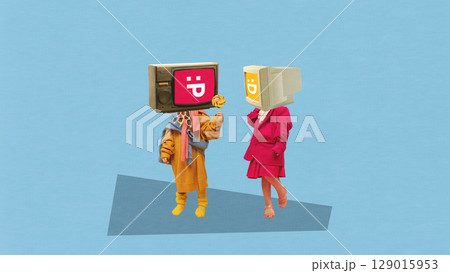 Modern composition of two children with vintage TV heads showing emoticons and holding lollipop 129015953